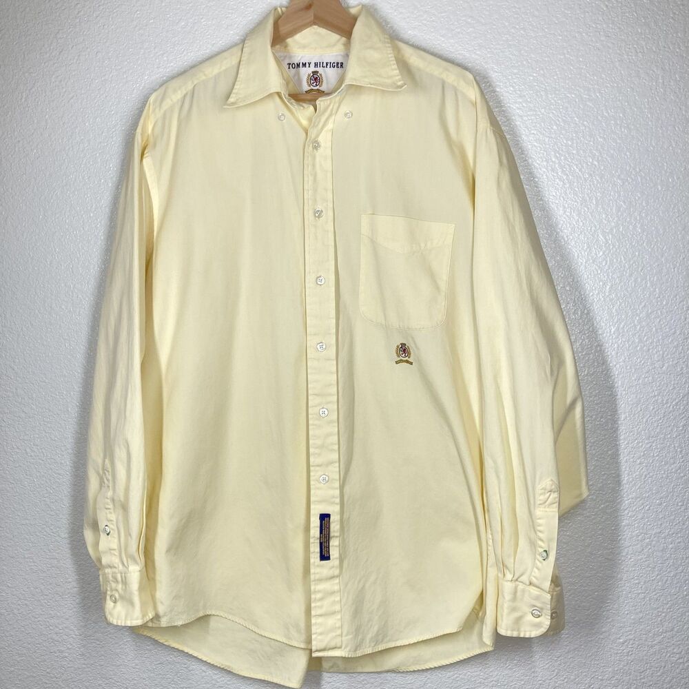 Vintage Tommy Hilfiger Shirt Mens Large Yellow Crest Logo Button Up 90s Classic - Picture 2 of 10